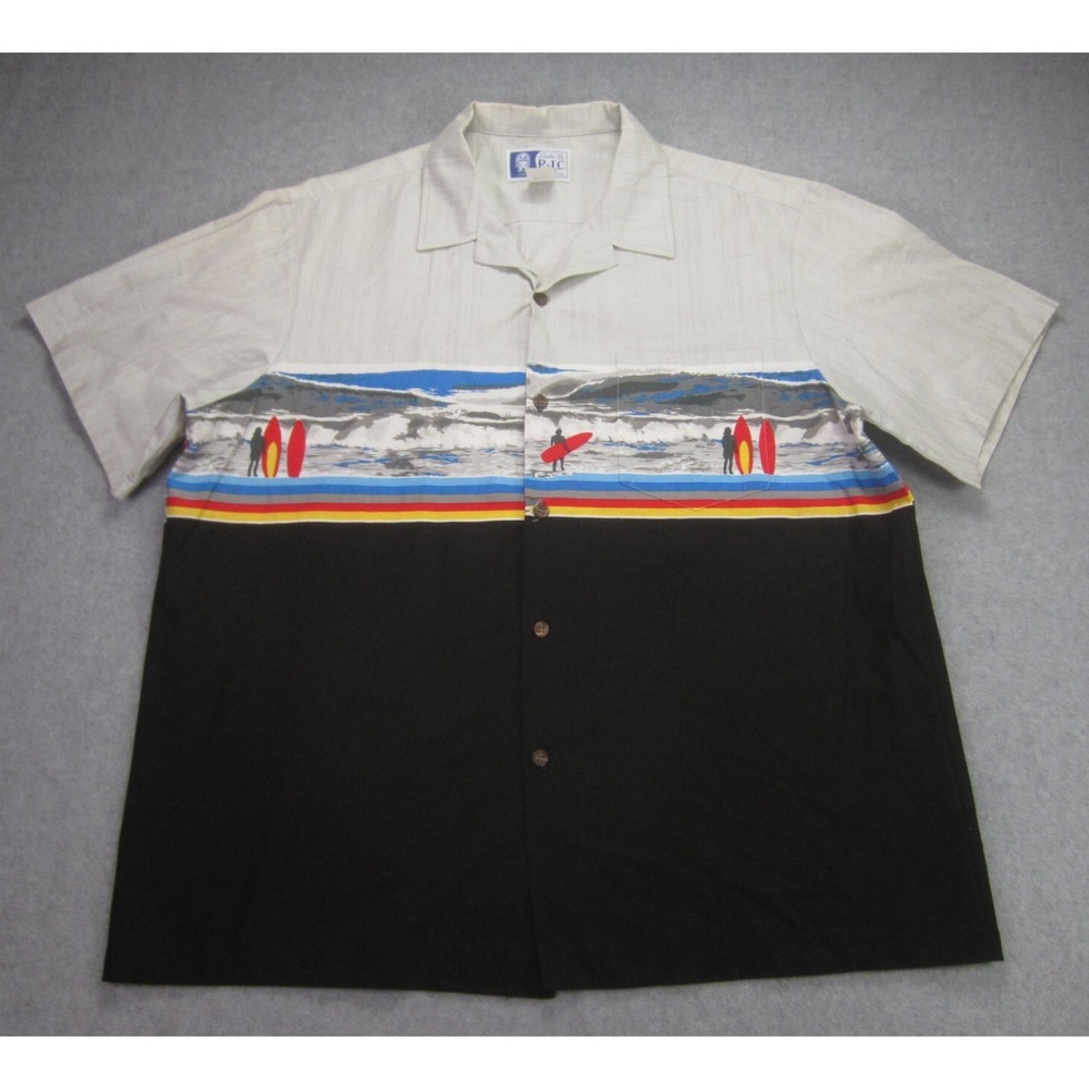 RJC Mens XL Hawaiian Shirt Surfboards Beach Colorblock Button Up Cotton READ